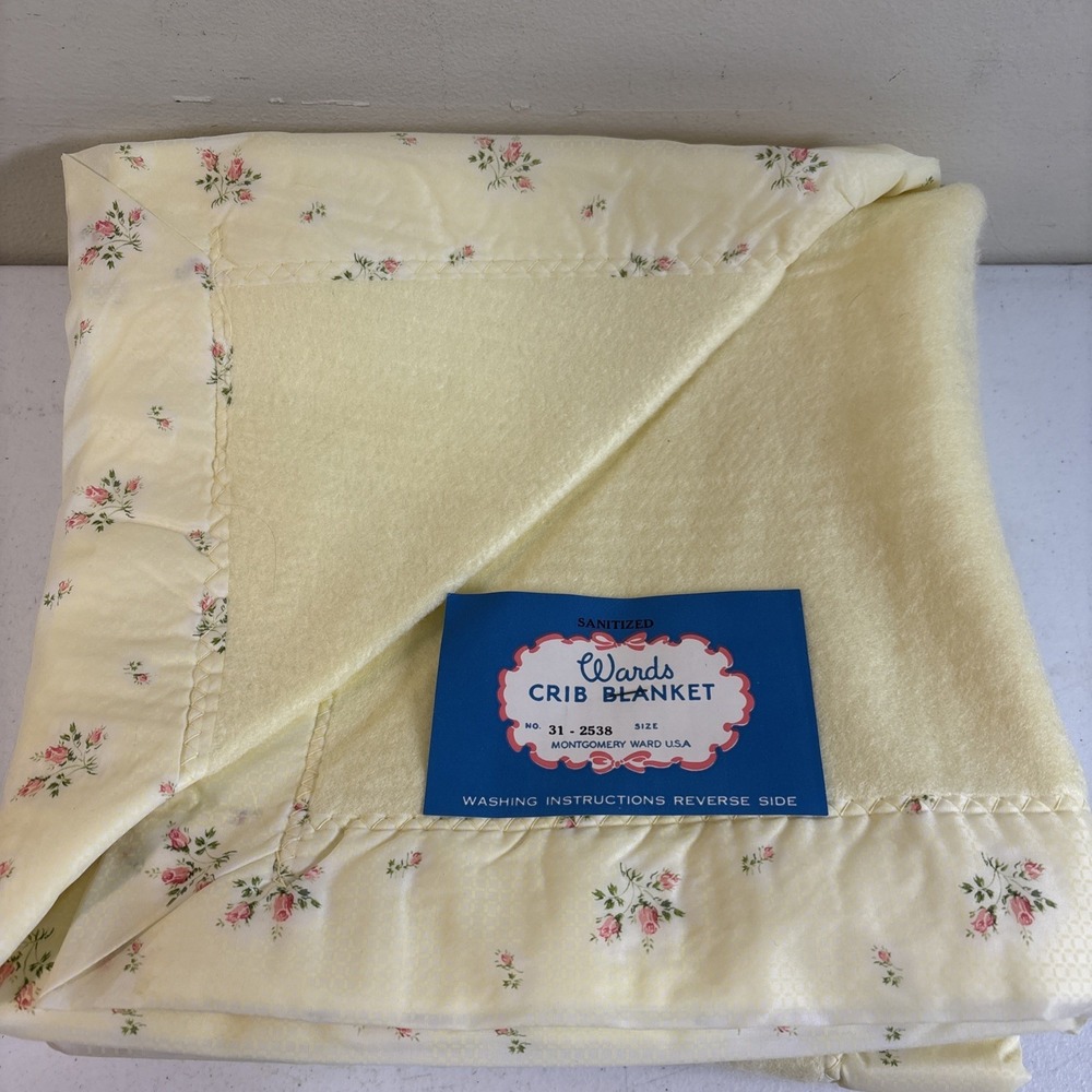 Montg Wards Crib Blanket 36"x48" Yellow W/Pink Rose Binding Acrylic NEW